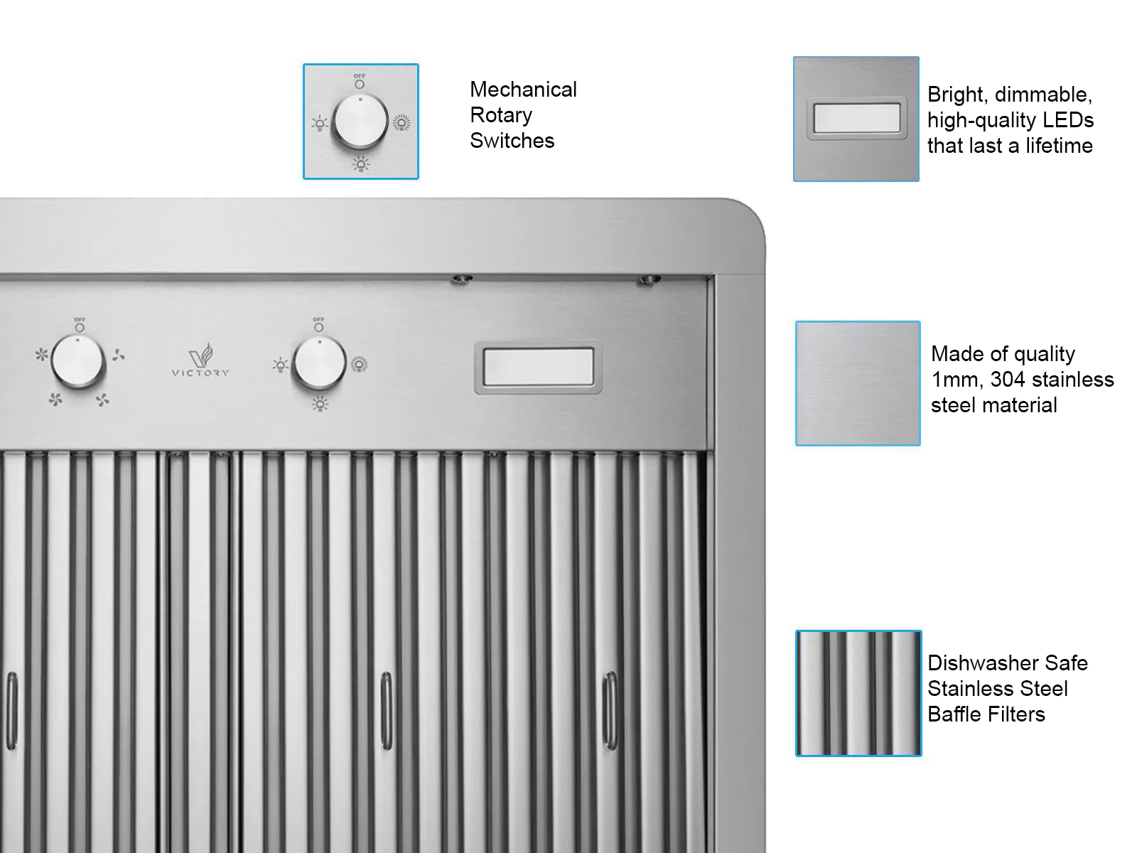 30 Inch Under Cabinet Range Hood with 1000 CFM Remote Blower - VICTORY Verona - Image 3