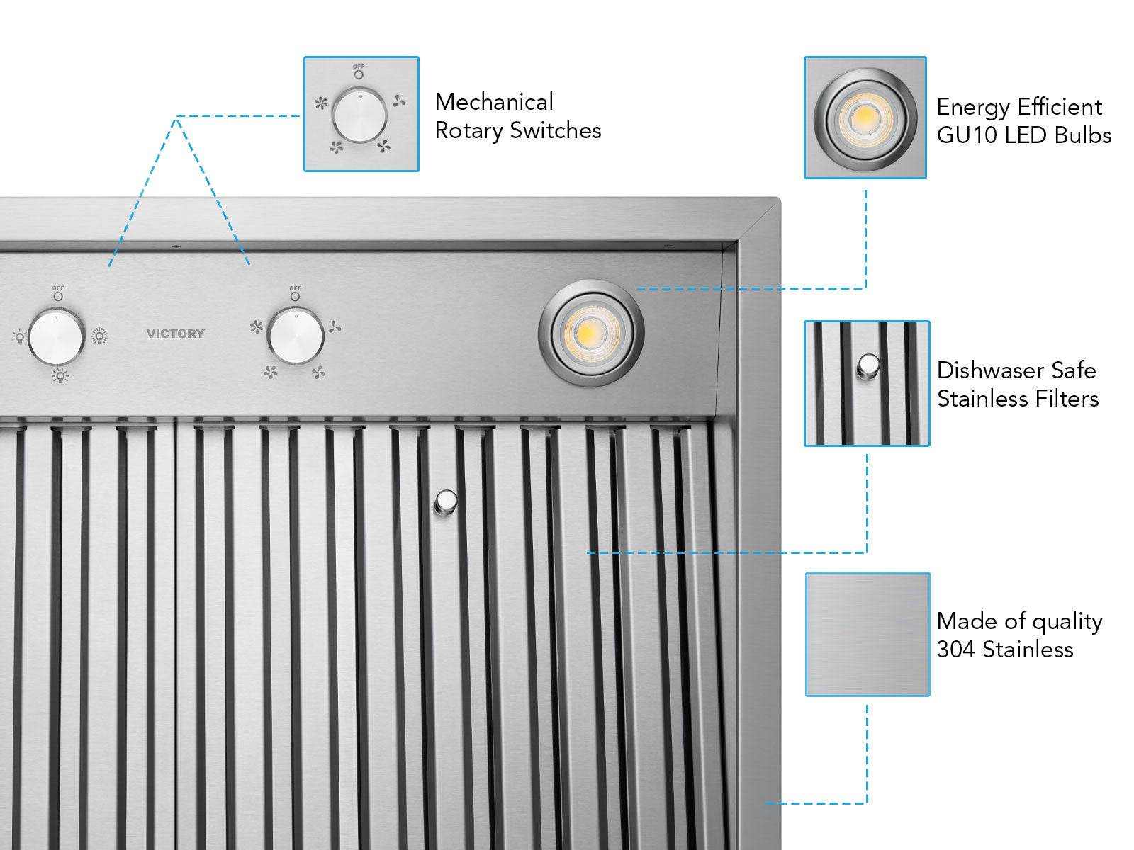 30 Inch Range Hood Insert with 450/600 CFM Remote Blower - VICTORY Q5 - Image 4