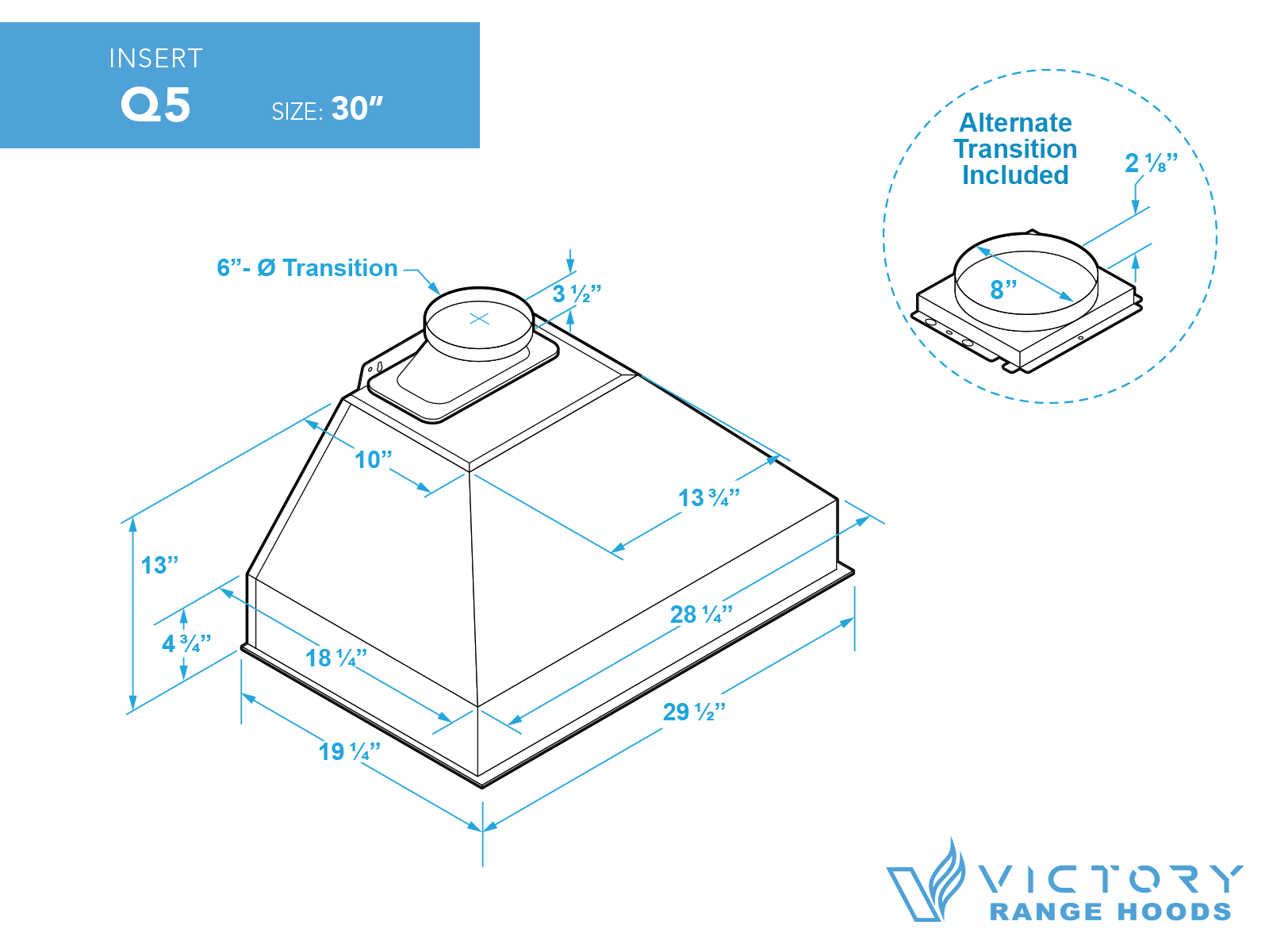30 Inch Range Hood Insert with 450/600 CFM Remote Blower - VICTORY Q5 - Image 7