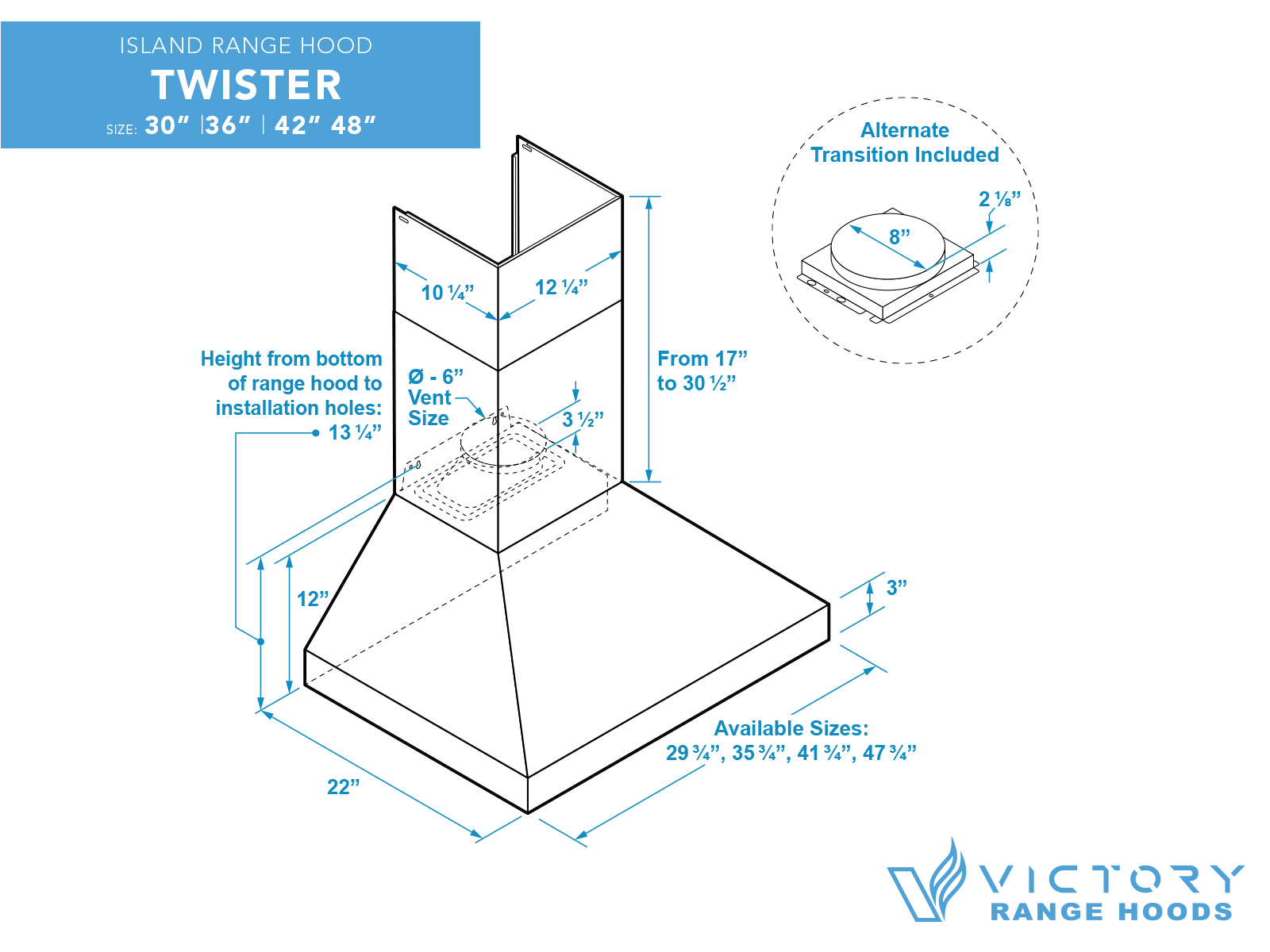 30 Inch Wall Mount Range Hood with 450/600 CFM Remote Blower - VICTORY Twister - Image 9