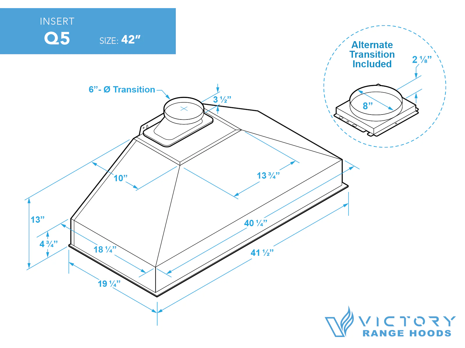 42 Inch Range Hood Insert with 450/600 CFM Remote Blower - VICTORY Q5 - Image 8