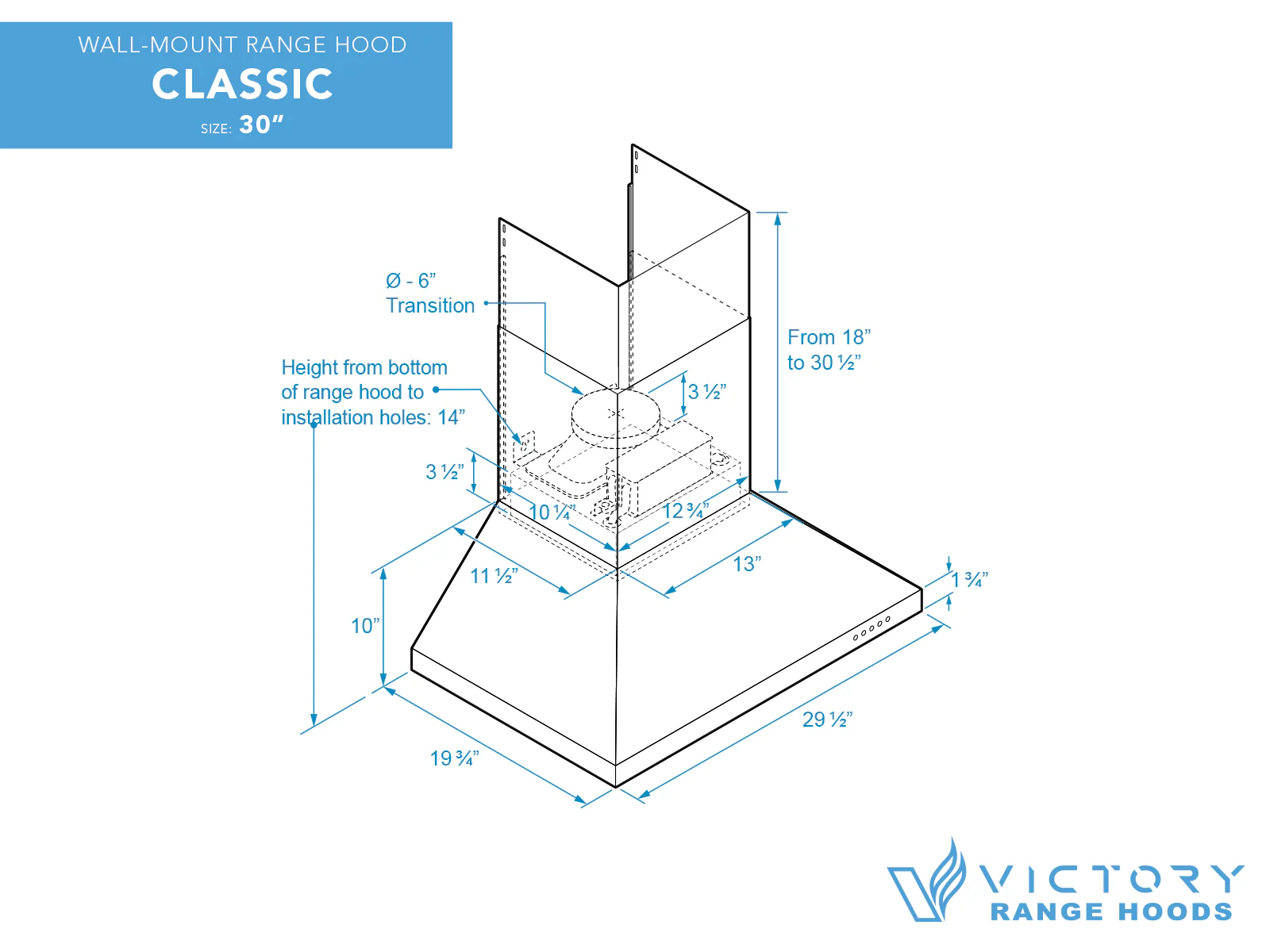 30 Inch 600 CFM Wall Mount Range Hood - VICTORY Classic - Image 6